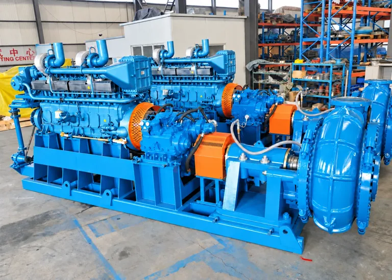 AI-enhanced manufacturer reference: Side view of blue diesel engines coupled to centrifugal dredge pumps on steel skids