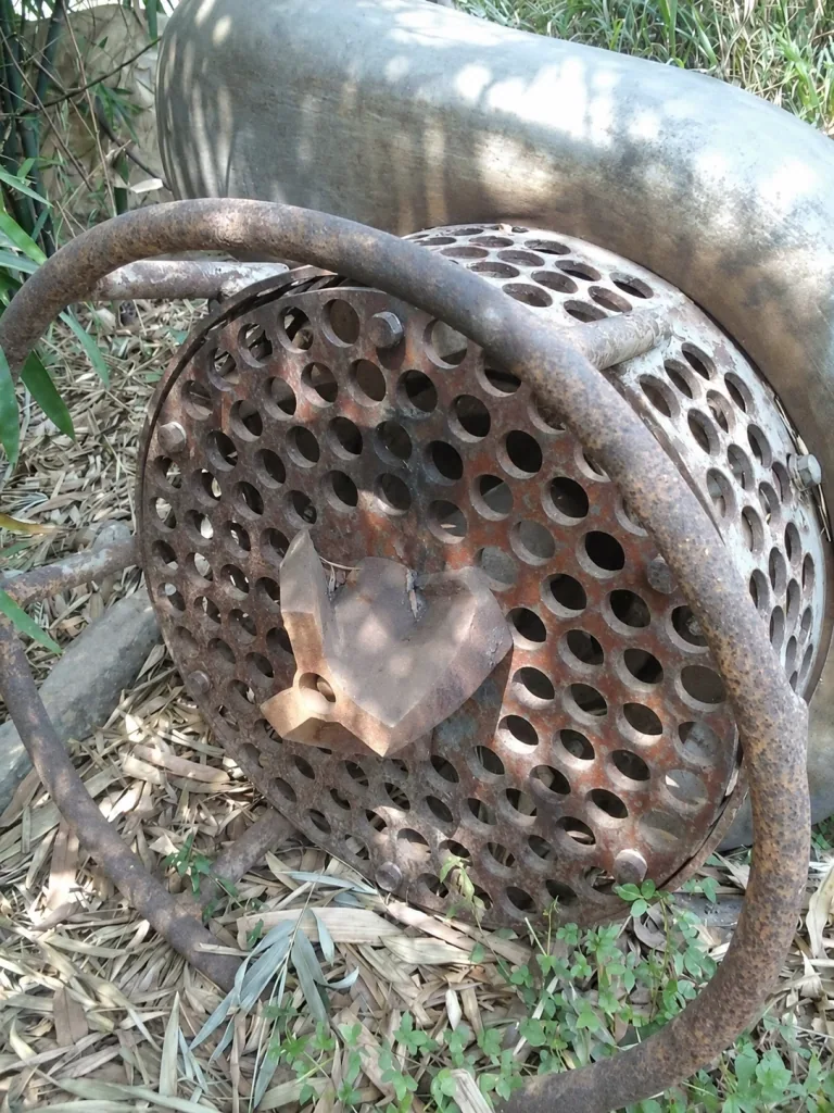 AI-enhanced company-supplied photo: Perforated pump intake screen, central agitator and protective metal hoops