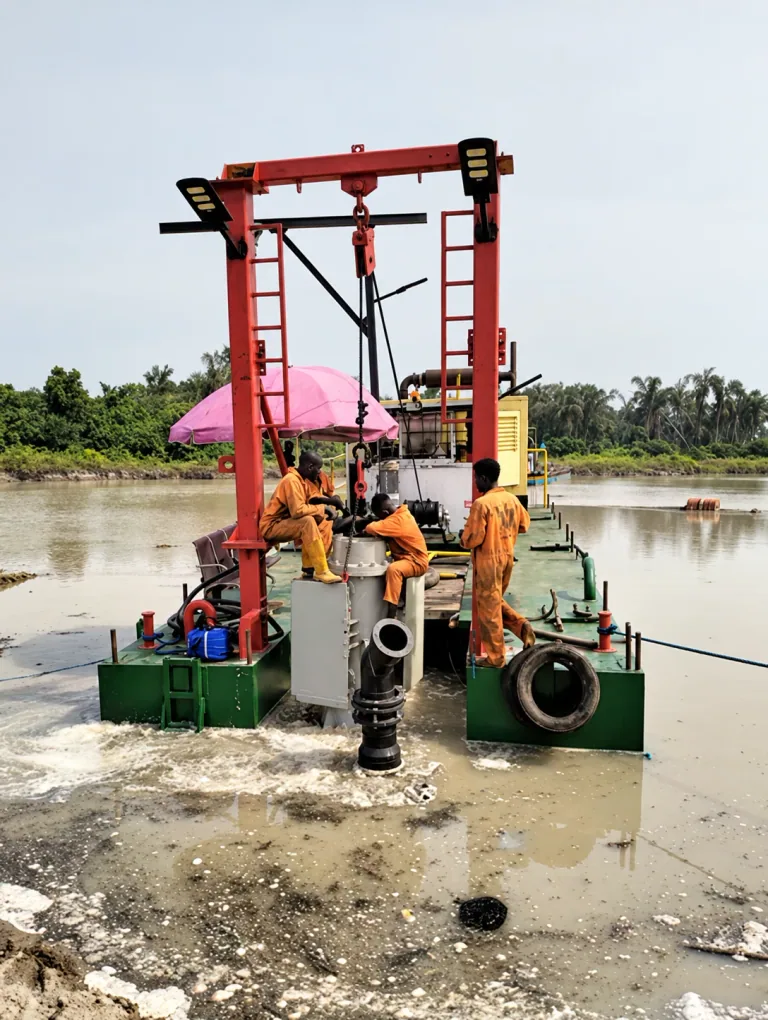 AI-enhanced photograph of crew operating a green dredger with a red gantry