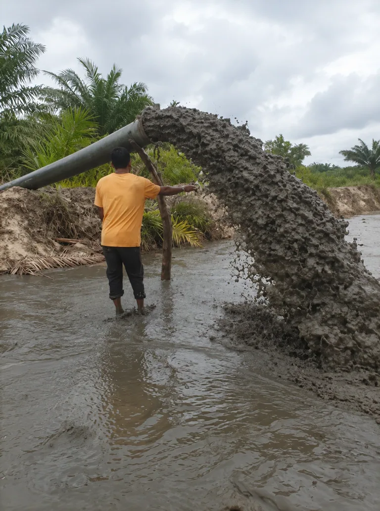 AI-enhanced photograph of a worker beside a sand-discharge pipe at a palm-lined shoreline
